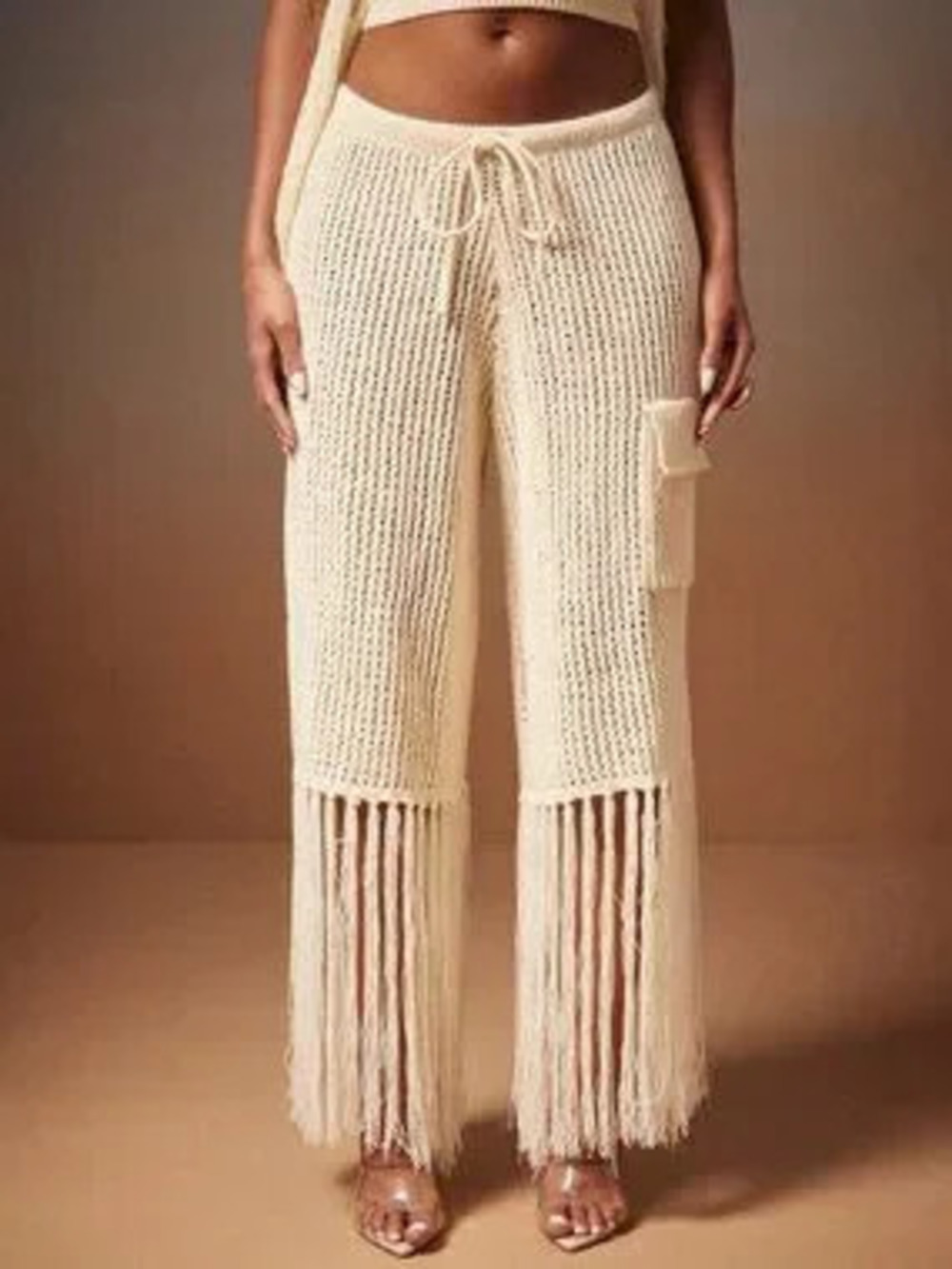 ZARA Beige Boho Women's Cargo Pants with Tie Front, Fringe